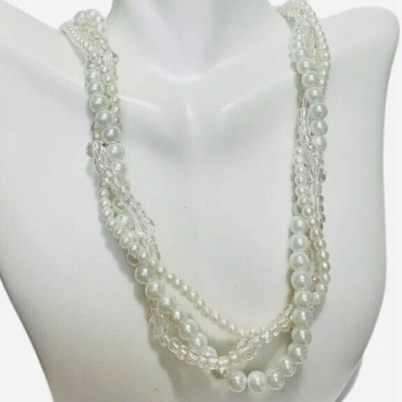 Vintage Twisted Braided Graduated White Faux Pearl Layered Beaded Necklace 17” - Picture 1 of 7